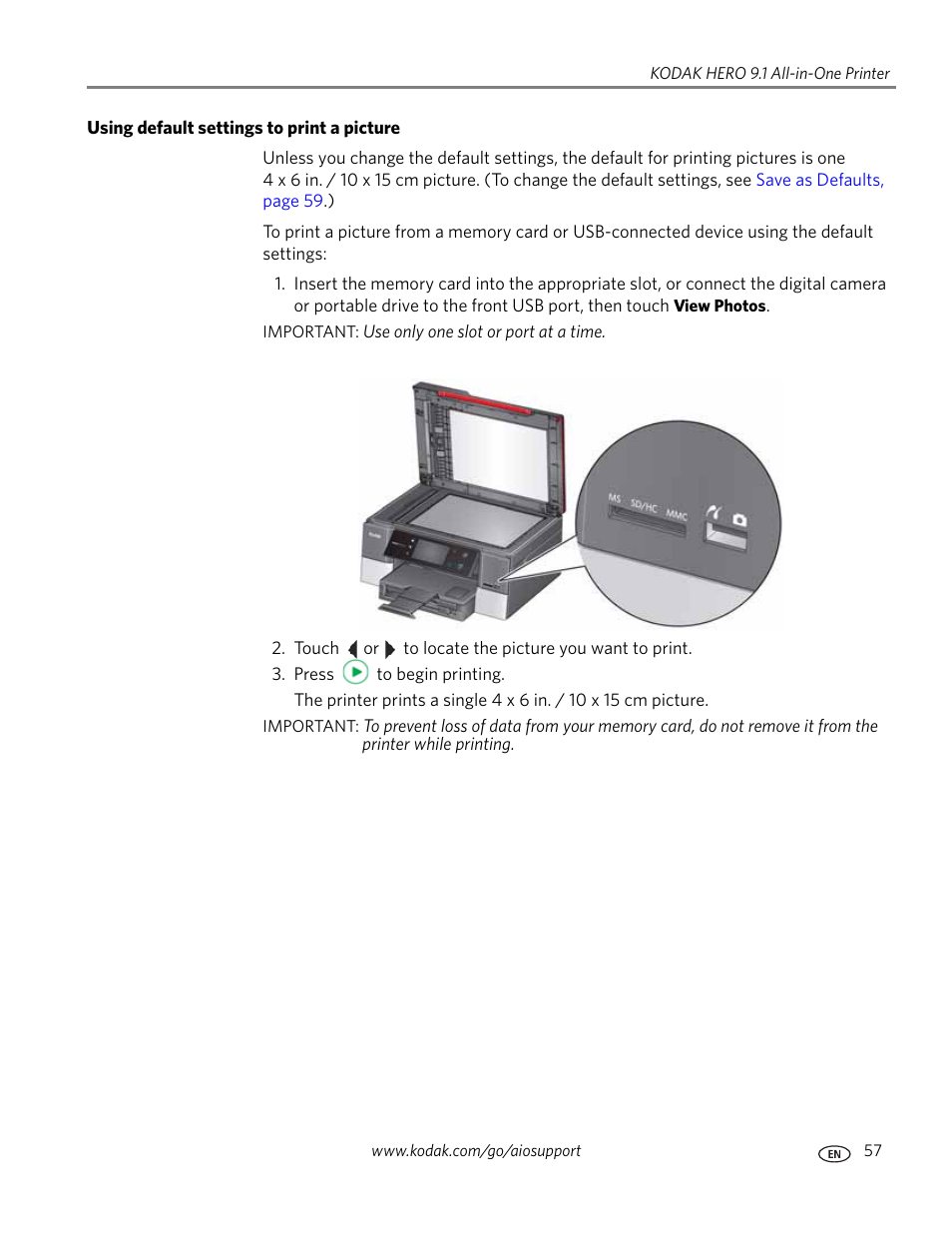 Using default settings to print a picture | Kodak 9.1 User Manual | Page 63 / 145