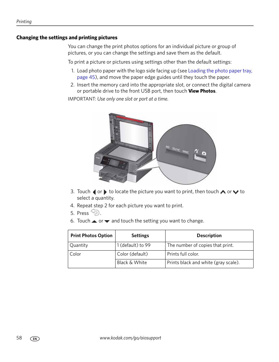 Changing the settings and printing pictures | Kodak 9.1 User Manual | Page 64 / 145