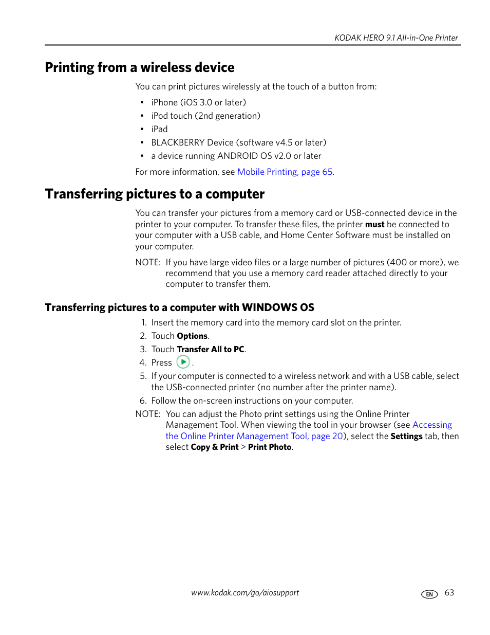 Printing from a wireless device, Transferring pictures to a computer | Kodak 9.1 User Manual | Page 69 / 145