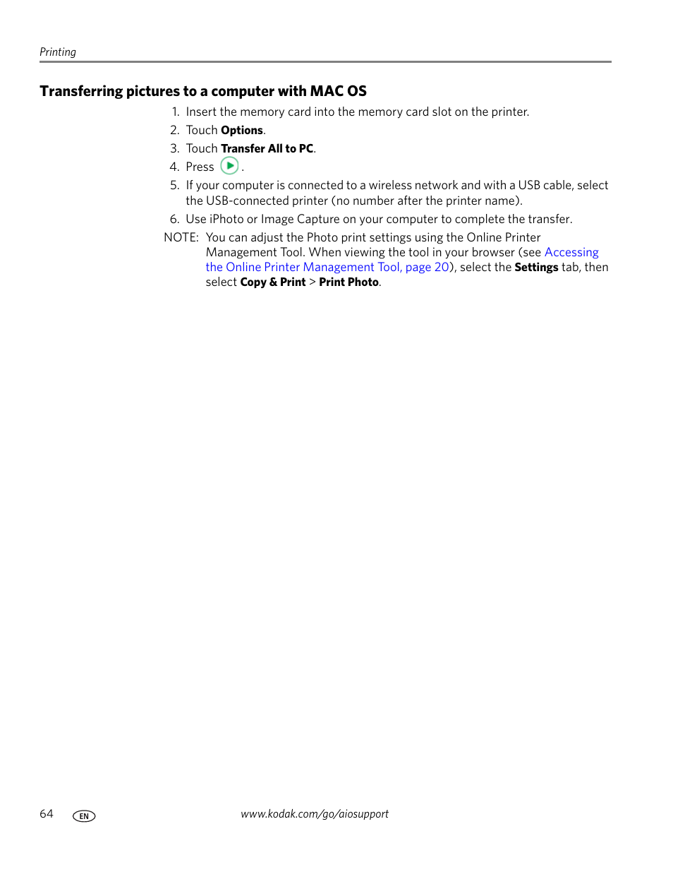 Transferring pictures to a computer with mac os | Kodak 9.1 User Manual | Page 70 / 145