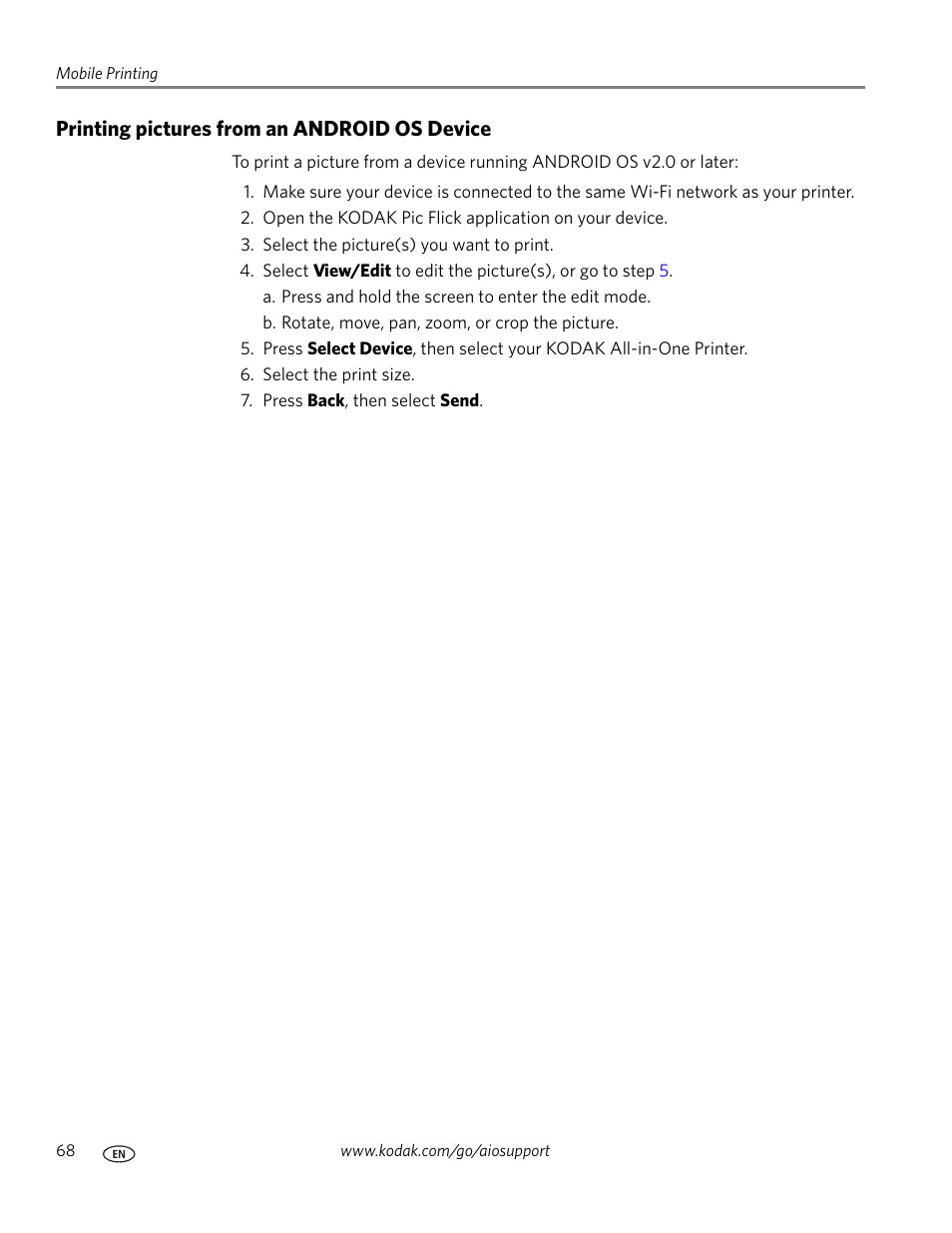 Printing pictures from an android os device | Kodak 9.1 User Manual | Page 74 / 145