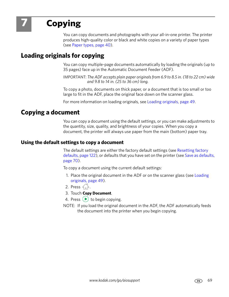 Copying, Loading originals for copying, Copying a document | Using the default settings to copy a document, 7 copying, Loading originals for copying copying a document | Kodak 9.1 User Manual | Page 75 / 145