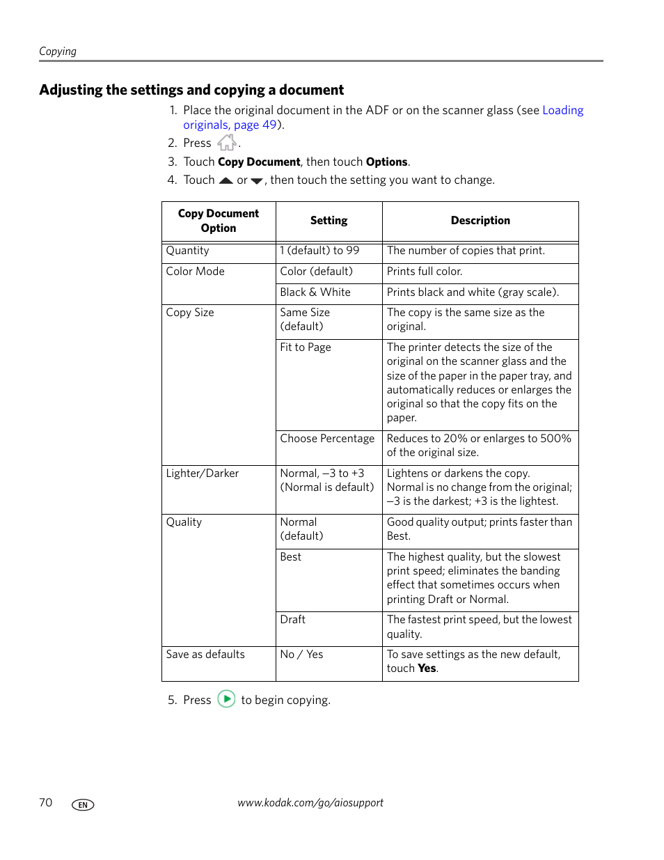 Adjusting the settings and copying a document, Save as defaults | Kodak 9.1 User Manual | Page 76 / 145