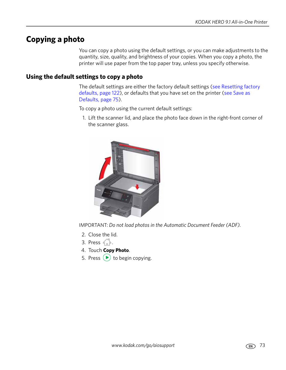 Copying a photo, Using the default settings to copy a photo | Kodak 9.1 User Manual | Page 79 / 145