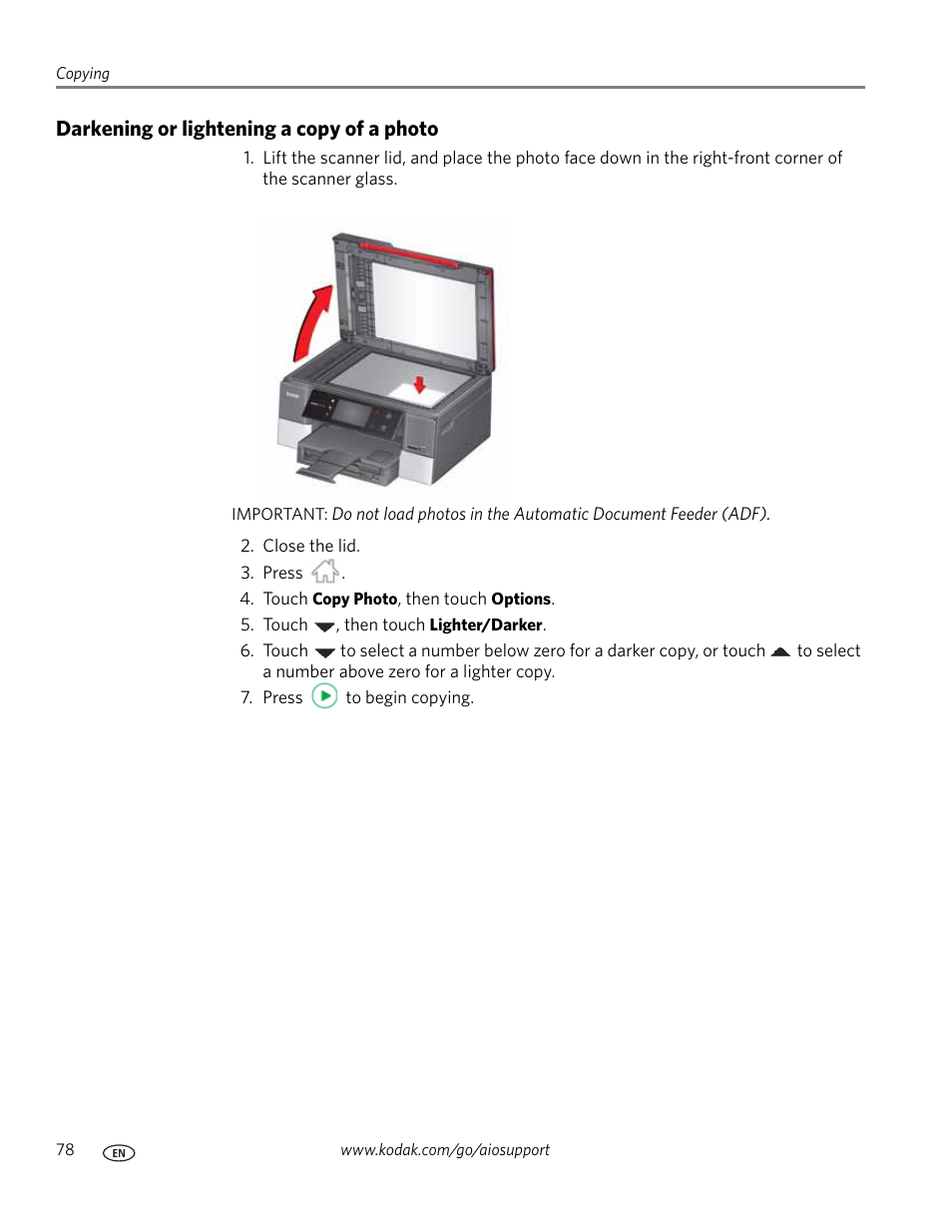 Darkening or lightening a copy of a photo | Kodak 9.1 User Manual | Page 84 / 145