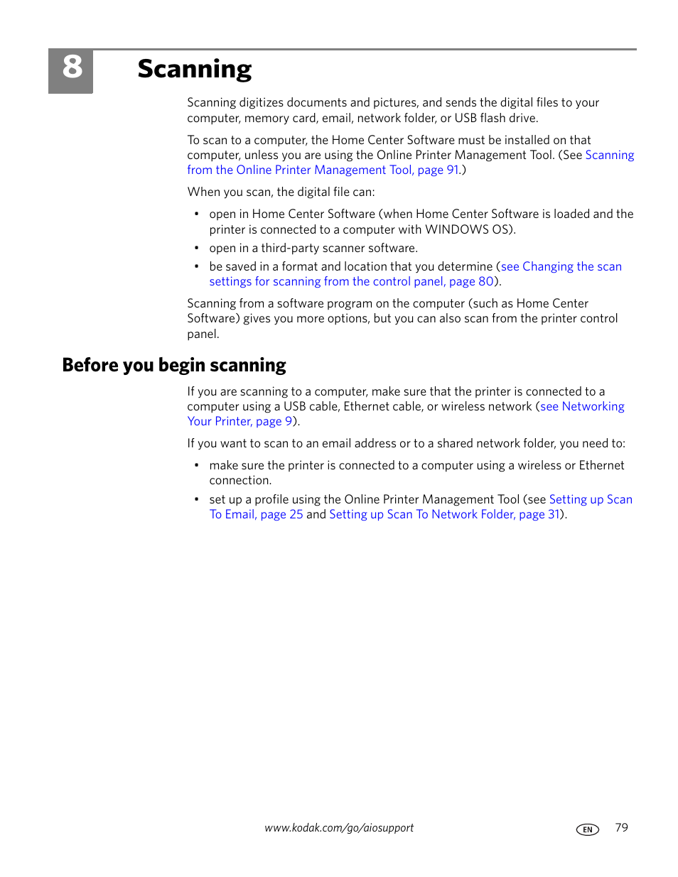 Scanning, Before you begin scanning, 8 scanning | Kodak 9.1 User Manual | Page 85 / 145
