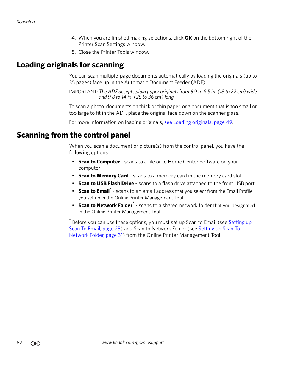 Loading originals for scanning, Scanning from the control panel | Kodak 9.1 User Manual | Page 88 / 145