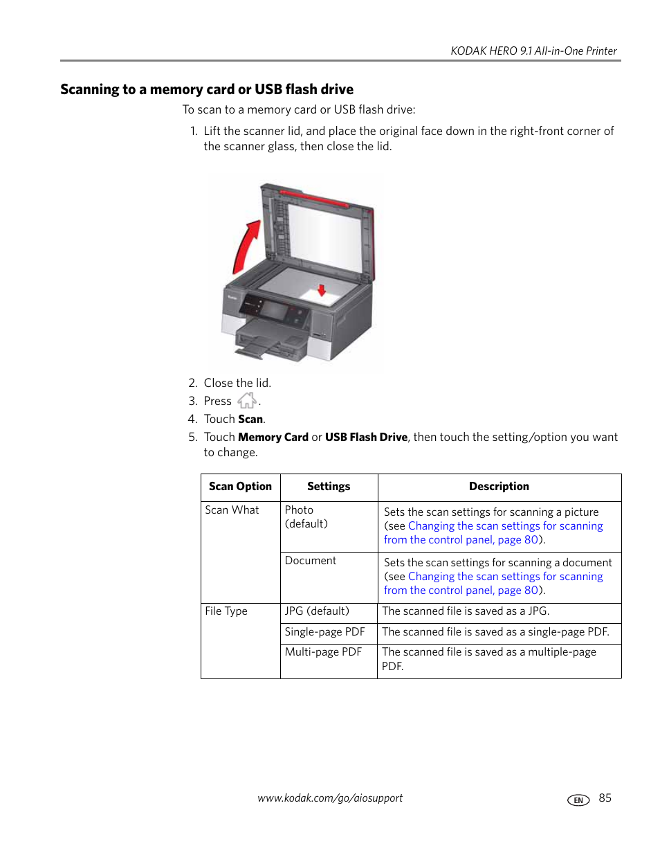 Scanning to a memory card or usb flash drive | Kodak 9.1 User Manual | Page 91 / 145