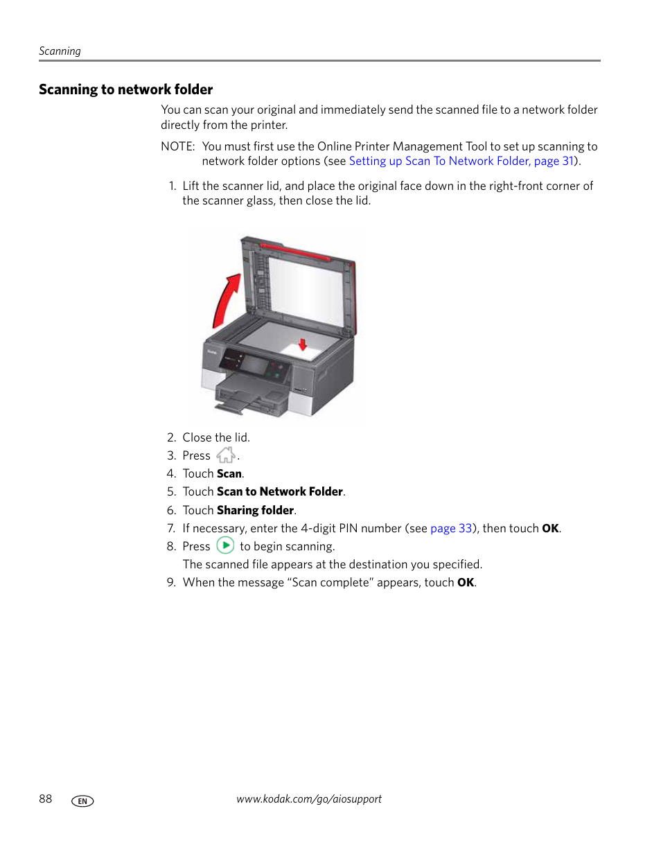 Scanning to network folder | Kodak 9.1 User Manual | Page 94 / 145