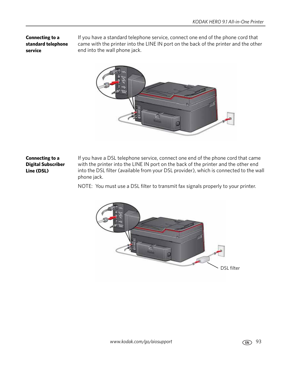 Connecting to a standard telephone service, Connecting to a digital subscriber line (dsl) | Kodak 9.1 User Manual | Page 99 / 145