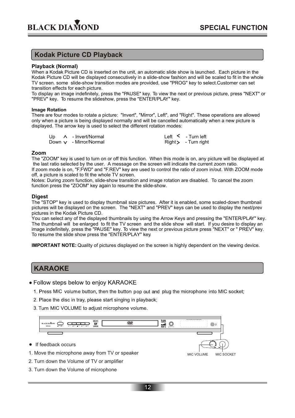Special function, Karaoke, Kodak picture cd playback | Playback (normal), Zoom, Digest | Kodak MP6000 User Manual | Page 14 / 24