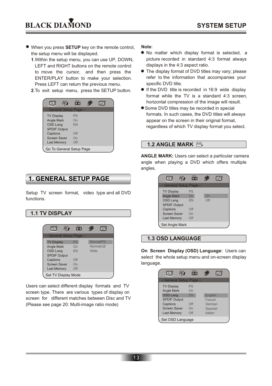 System setup, General setup page, 1 tv display | 2 angle mark 1.3 osd language | Kodak MP6000 User Manual | Page 15 / 24