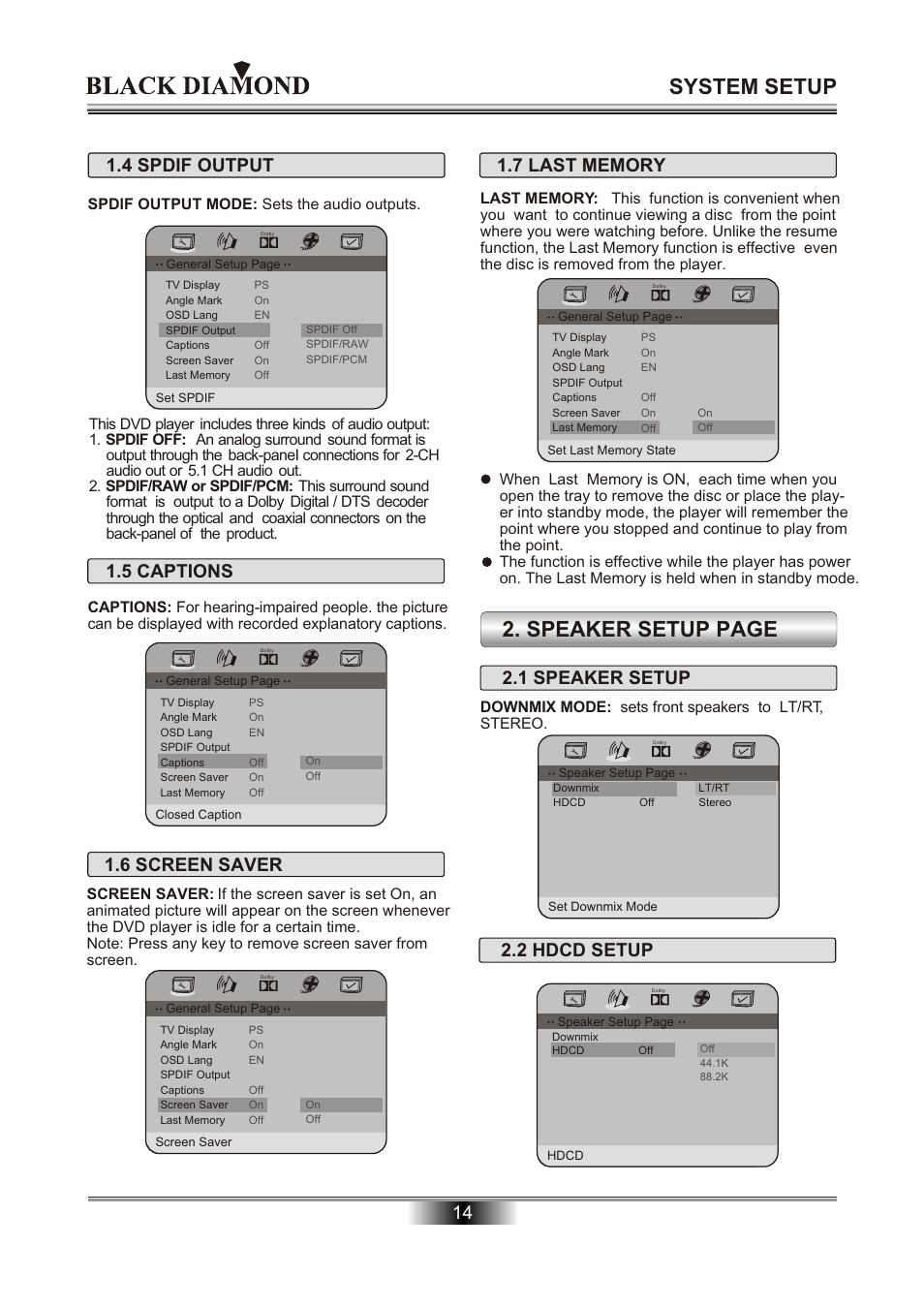 System setup, Speaker setup page, 5 captions 1.4 spdif output | 6 screen saver, 1 speaker setup, 2 hdcd setup | Kodak MP6000 User Manual | Page 16 / 24