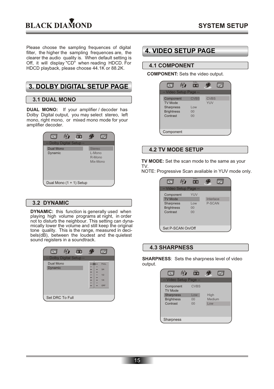 System setup, Video setup page 3. dolby digital setup page, 2 tv mode setup | 3 sharpness | Kodak MP6000 User Manual | Page 17 / 24