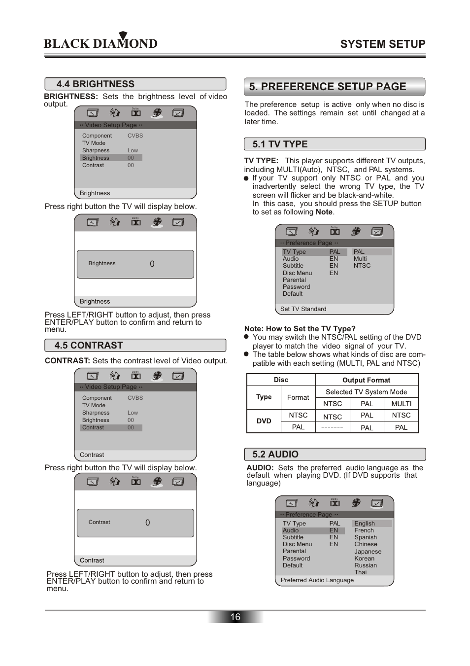 System setup, Preference setup page, 5 contrast | 1 tv type, 2 audio, 4 brlghtness | Kodak MP6000 User Manual | Page 18 / 24