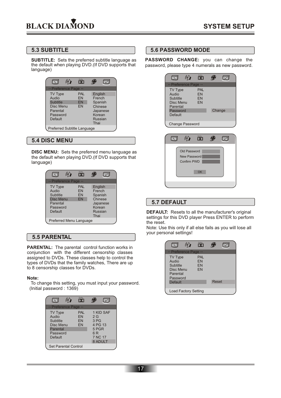 System setup, 17 5.4 disc menu, 5 parental | 7 default, 3 subtitle, 6 password mode | Kodak MP6000 User Manual | Page 19 / 24