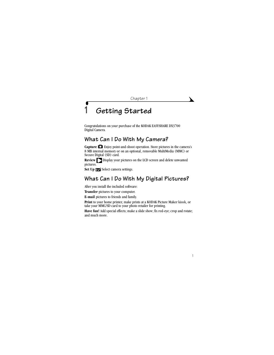 1 getting started, What can i do with my camera, What can i do with my digital pictures | Getting started | Kodak DX3700 User Manual | Page 11 / 86