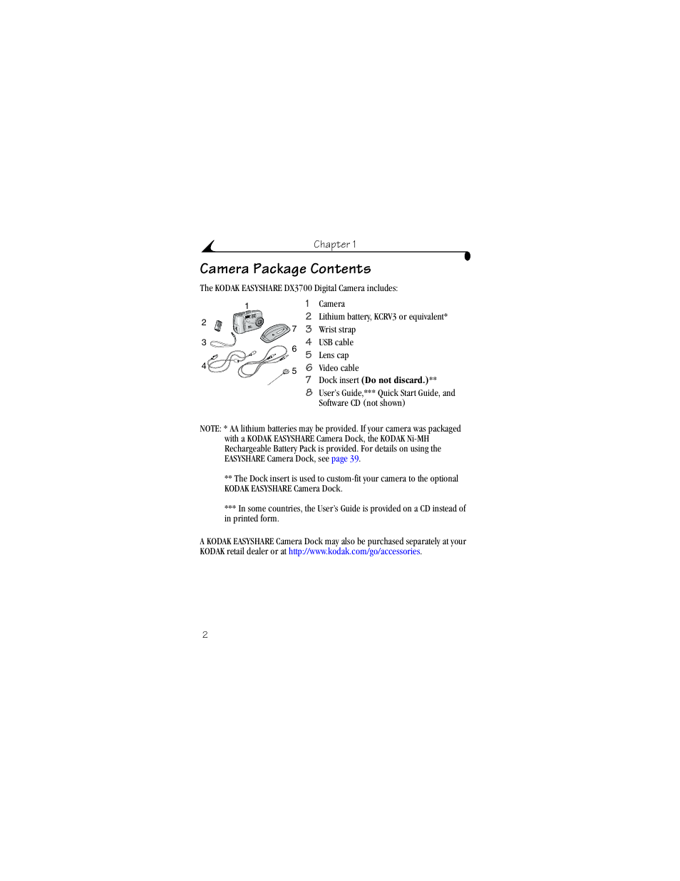 Camera package contents | Kodak DX3700 User Manual | Page 12 / 86