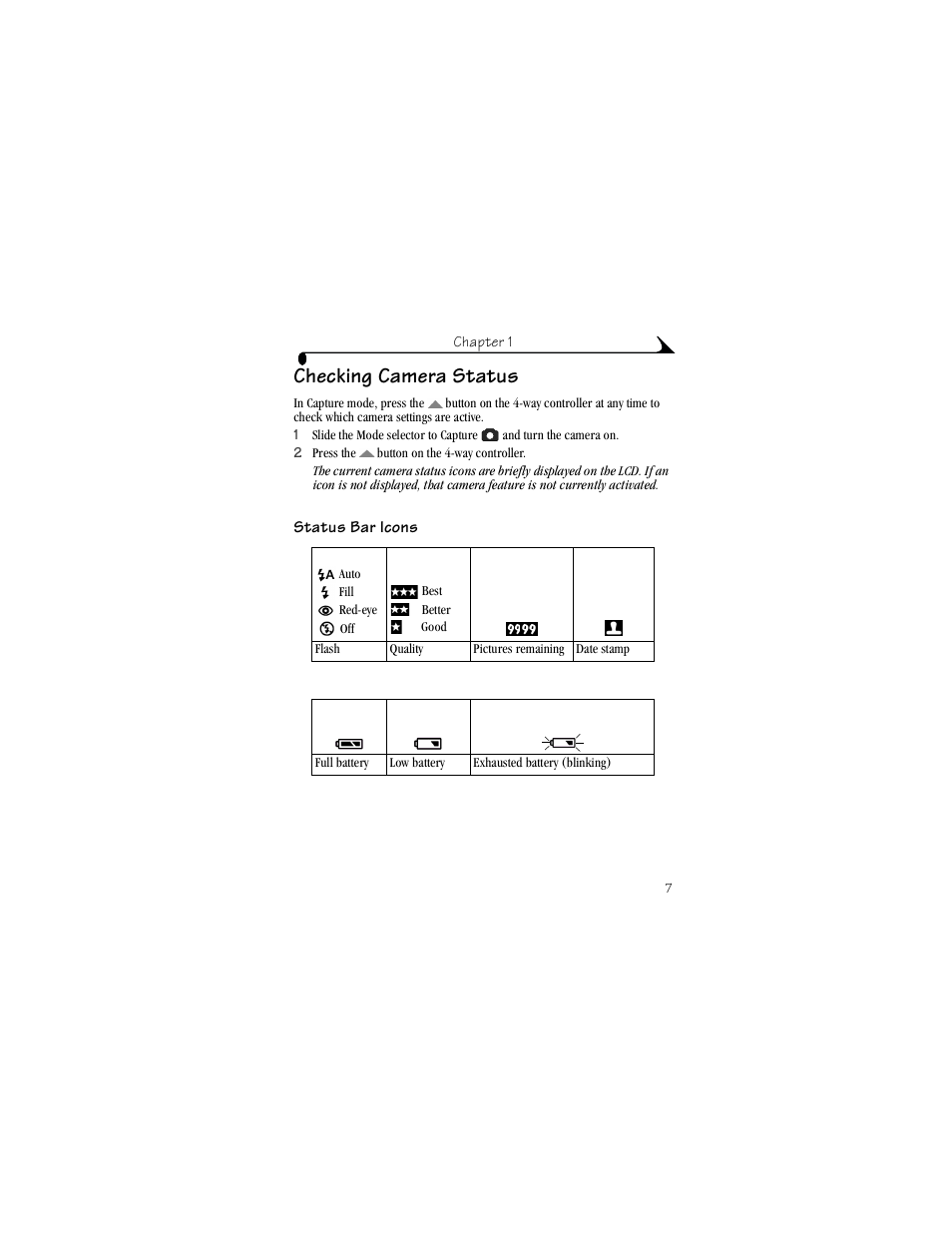 Checking camera status, Status bar icons | Kodak DX3700 User Manual | Page 17 / 86