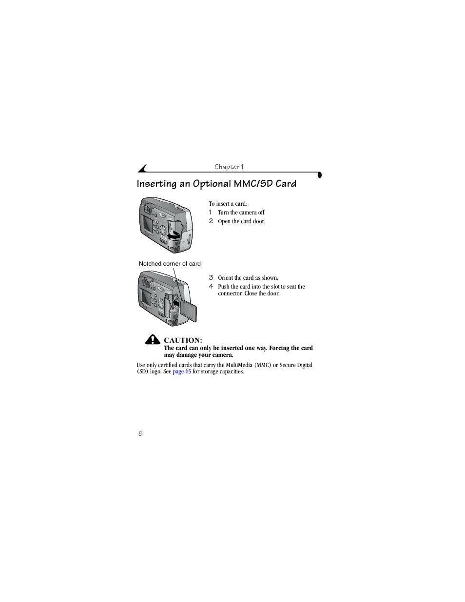 Inserting an optional mmc/sd card | Kodak DX3700 User Manual | Page 18 / 86