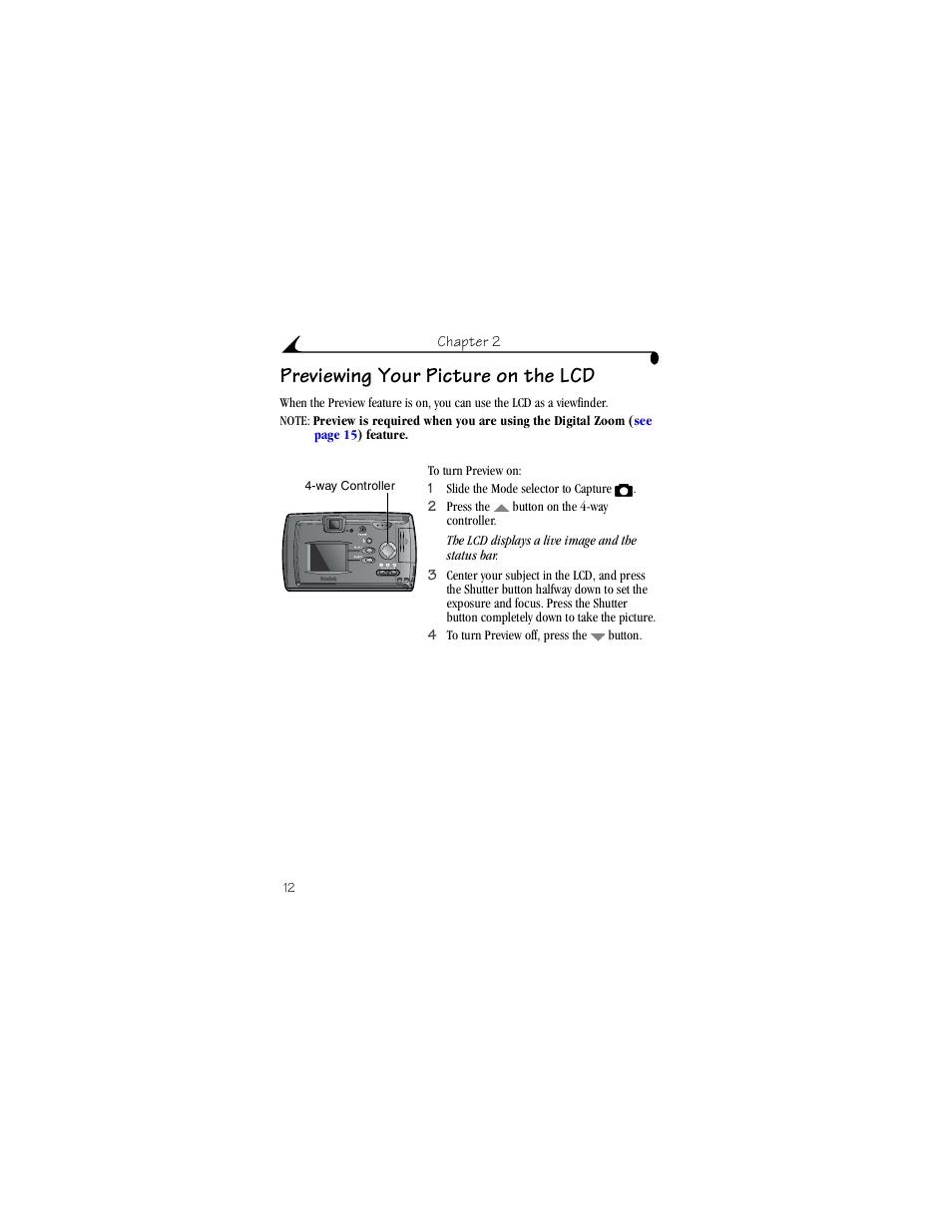 Previewing your picture on the lcd | Kodak DX3700 User Manual | Page 22 / 86
