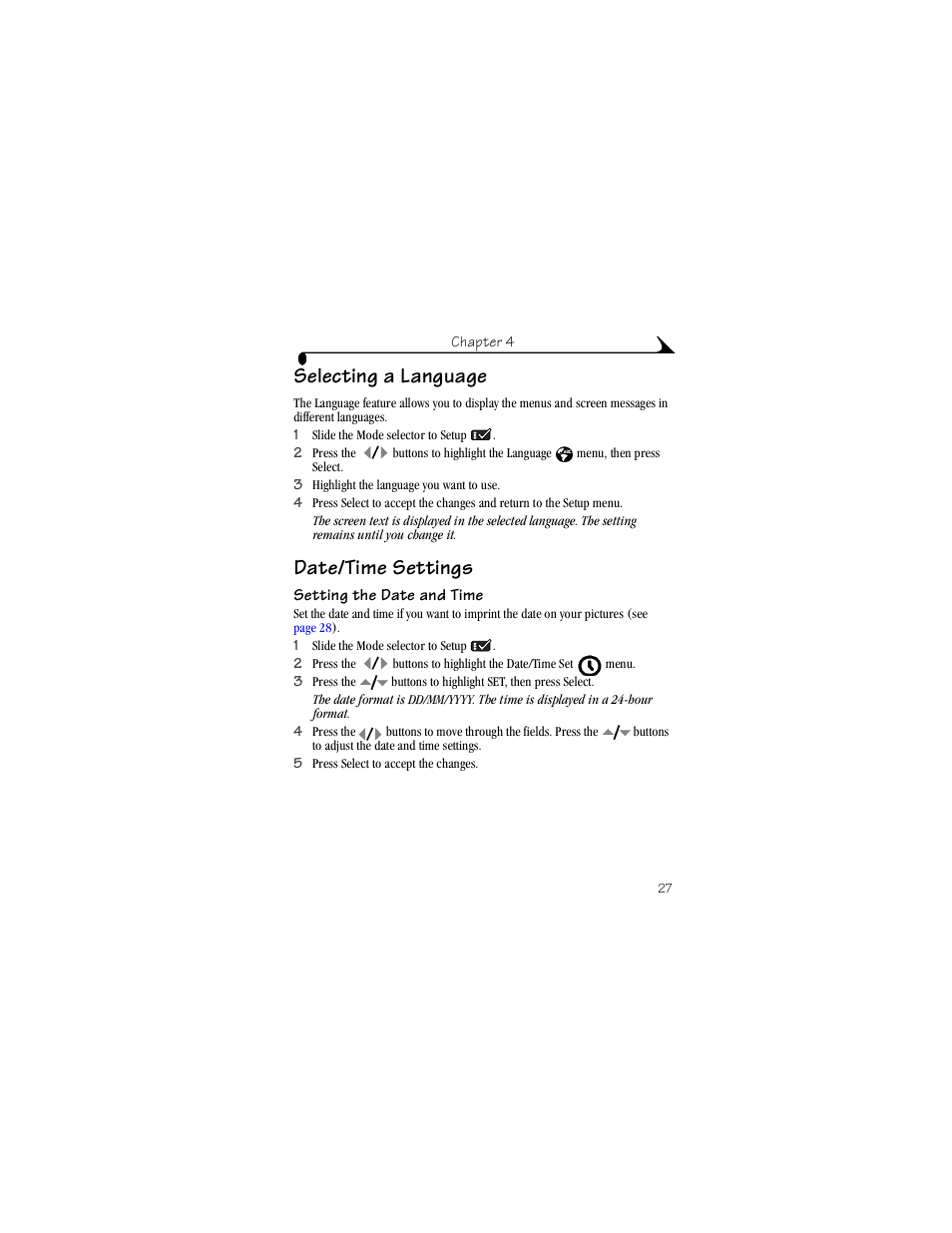 Selecting a language, Date/time settings, Setting the date and time | Turning off kodak picture software autostart | Kodak DX3700 User Manual | Page 37 / 86