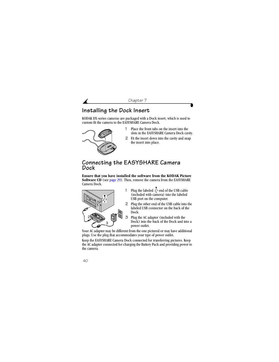 Installing the dock insert, Connecting the easyshare camera dock | Kodak DX3700 User Manual | Page 50 / 86