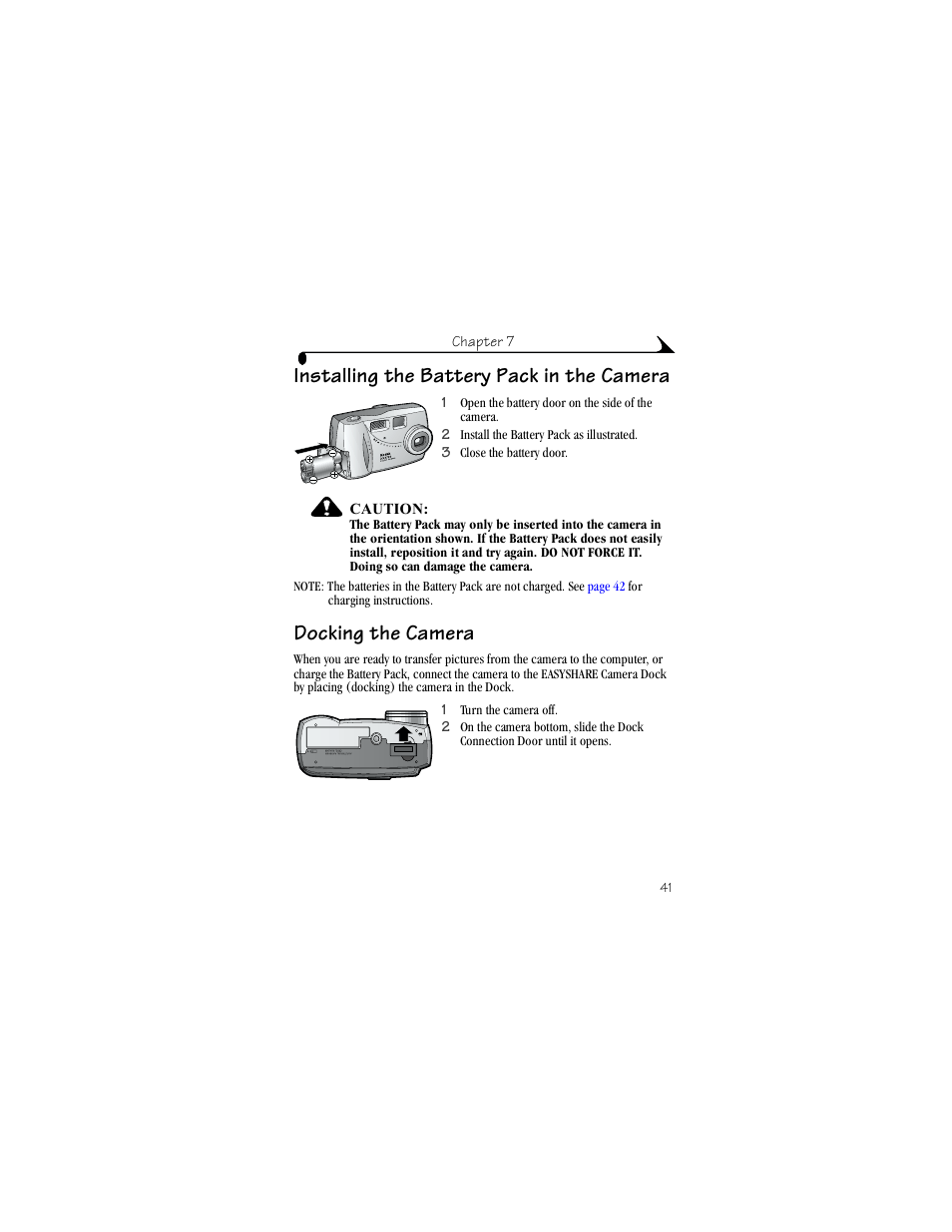 Installing the battery pack in the camera, Docking the camera | Kodak DX3700 User Manual | Page 51 / 86