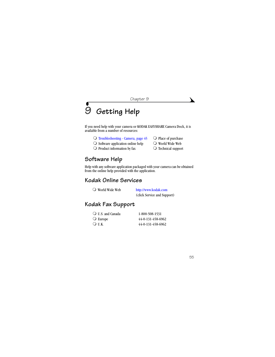 9 getting help, Software help, Kodak online services | Kodak fax support, Getting help, Kodak online services kodak fax support | Kodak DX3700 User Manual | Page 65 / 86