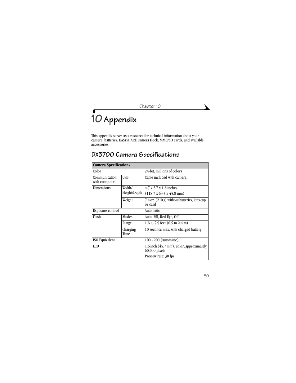 10 appendix, Dx3700 camera specifications, Appendix | Kodak DX3700 User Manual | Page 69 / 86