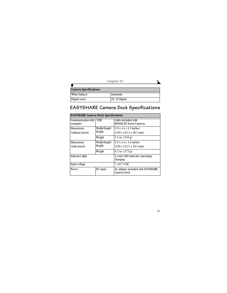 Easyshare camera dock specifications | Kodak DX3700 User Manual | Page 71 / 86