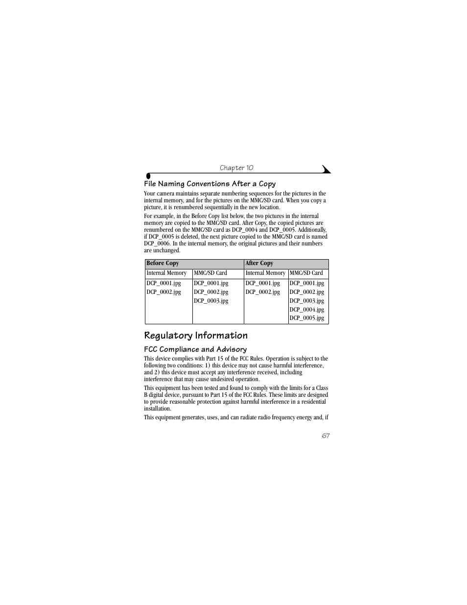 File naming conventions after a copy, Regulatory information, Fcc compliance and advisory | Kodak DX3700 User Manual | Page 77 / 86