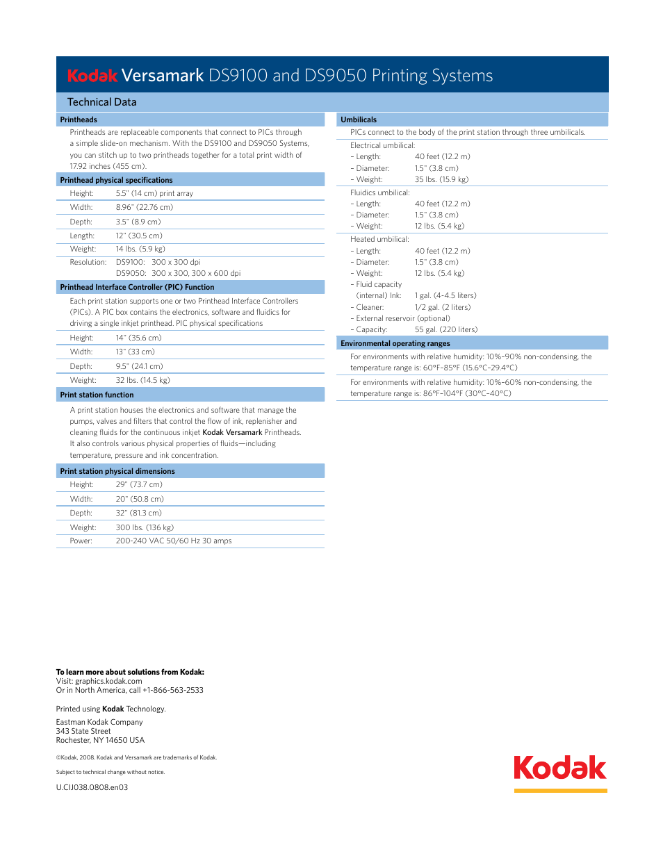 Technical data | Kodak VERSAMARK DS9050 User Manual | Page 2 / 2