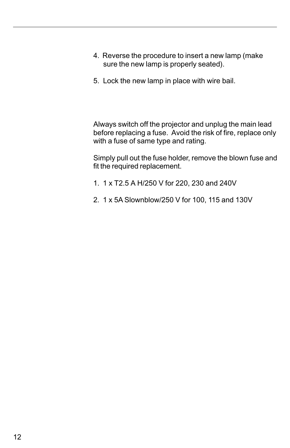 Lamps/fuse replacement, Fuses | Kodak VIDEOMATE 2030P User Manual | Page 12 / 18
