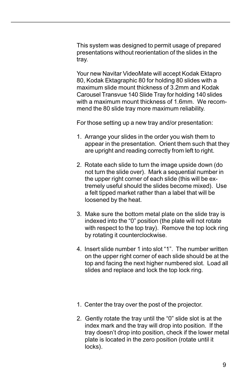 Slide tray installation, Slide tray set-up | Kodak VIDEOMATE 2030P User Manual | Page 9 / 18