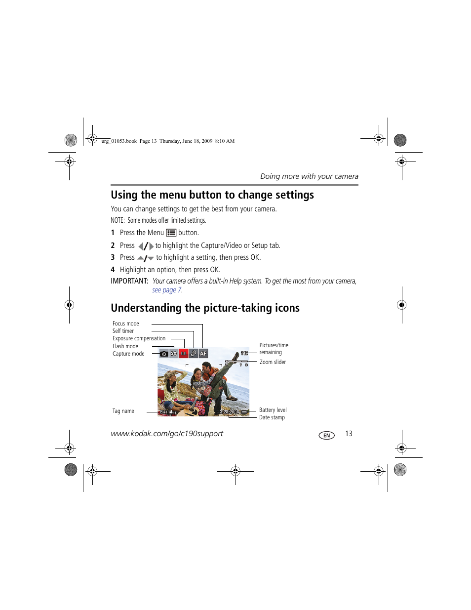 Using the menu button to change settings, Understanding the picture-taking icons | Kodak EASYSHARE C190 User Manual | Page 13 / 18