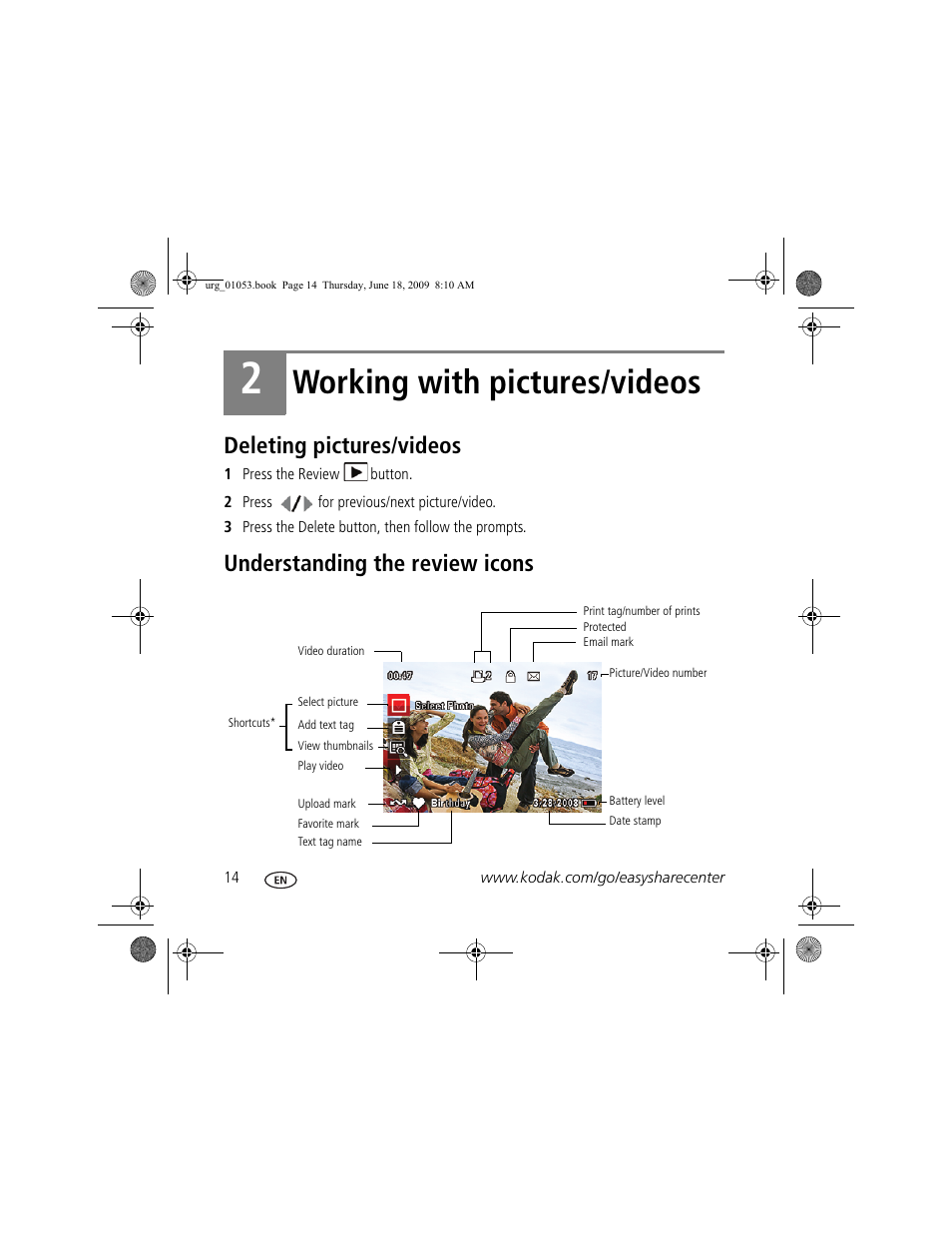 Working with pictures/videos, Deleting pictures/videos, Understanding the review icons | Kodak EASYSHARE C190 User Manual | Page 14 / 18