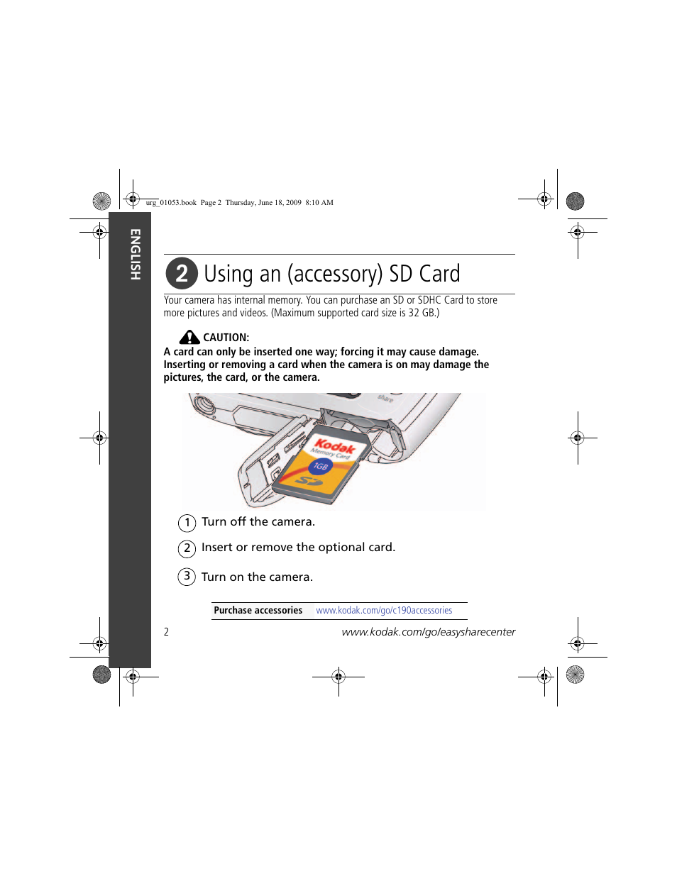 Using an (accessory) sd card | Kodak EASYSHARE C190 User Manual | Page 2 / 18