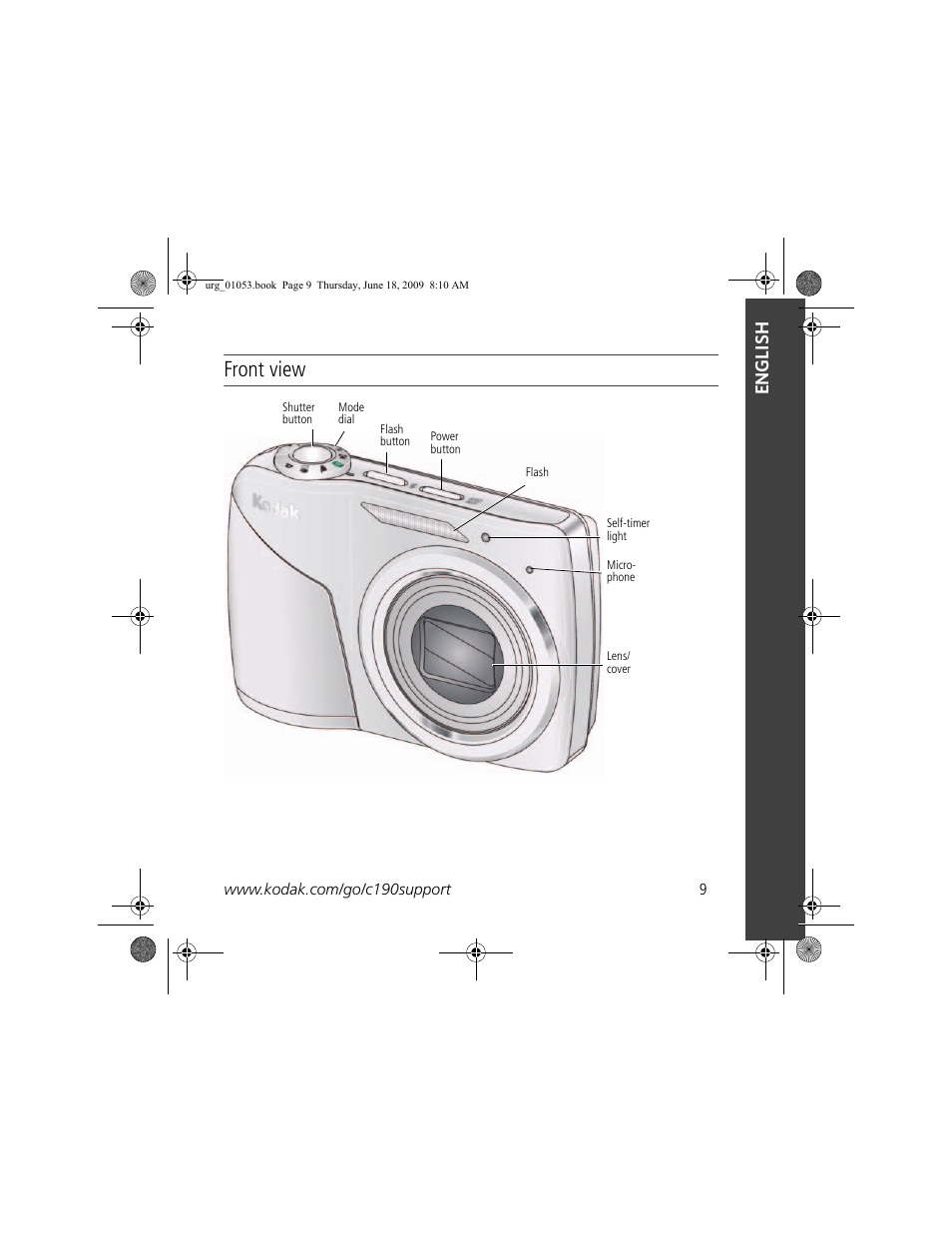 Front view, English | Kodak EASYSHARE C190 User Manual | Page 9 / 18