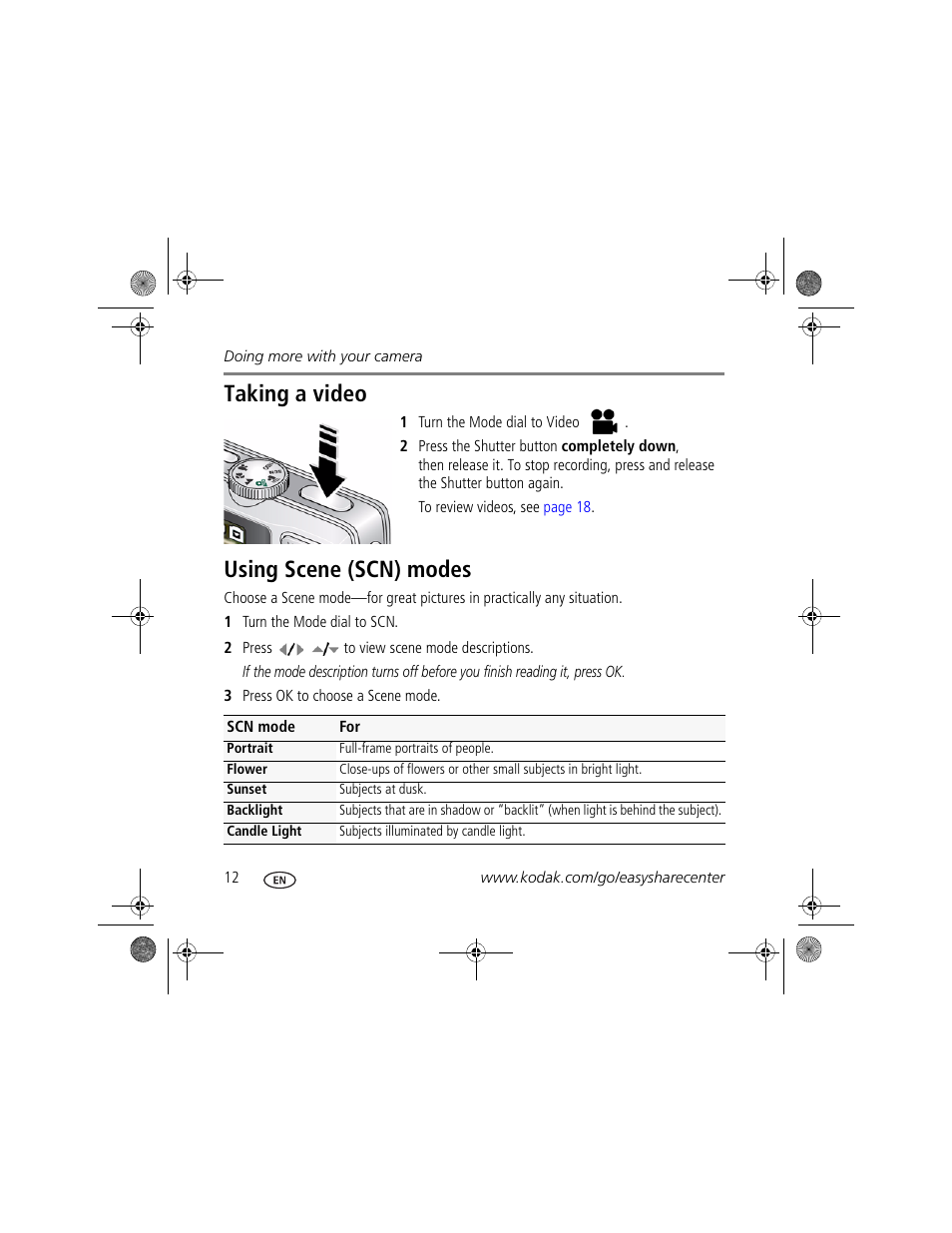 Taking a video, Using scene (scn) modes | Kodak KLIC-7001 User Manual | Page 12 / 27