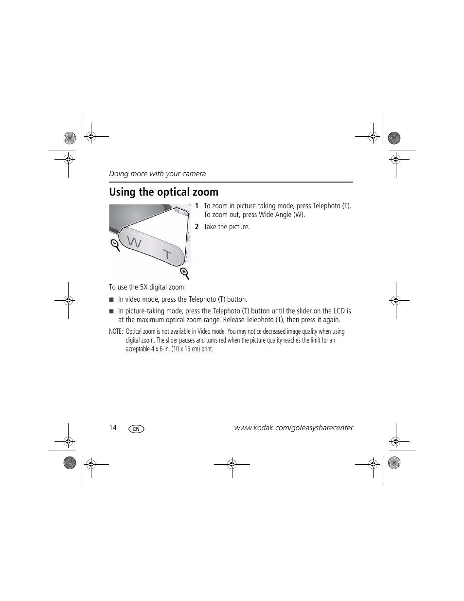 Using the optical zoom | Kodak KLIC-7001 User Manual | Page 14 / 27