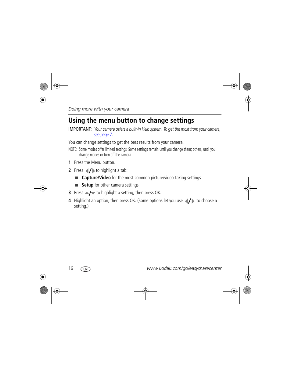 Using the menu button to change settings | Kodak KLIC-7001 User Manual | Page 16 / 27