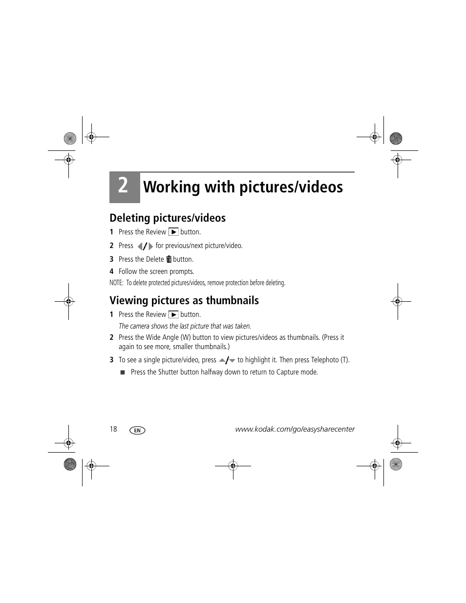 Working with pictures/videos, Deleting pictures/videos, Viewing pictures as thumbnails | Kodak KLIC-7001 User Manual | Page 18 / 27