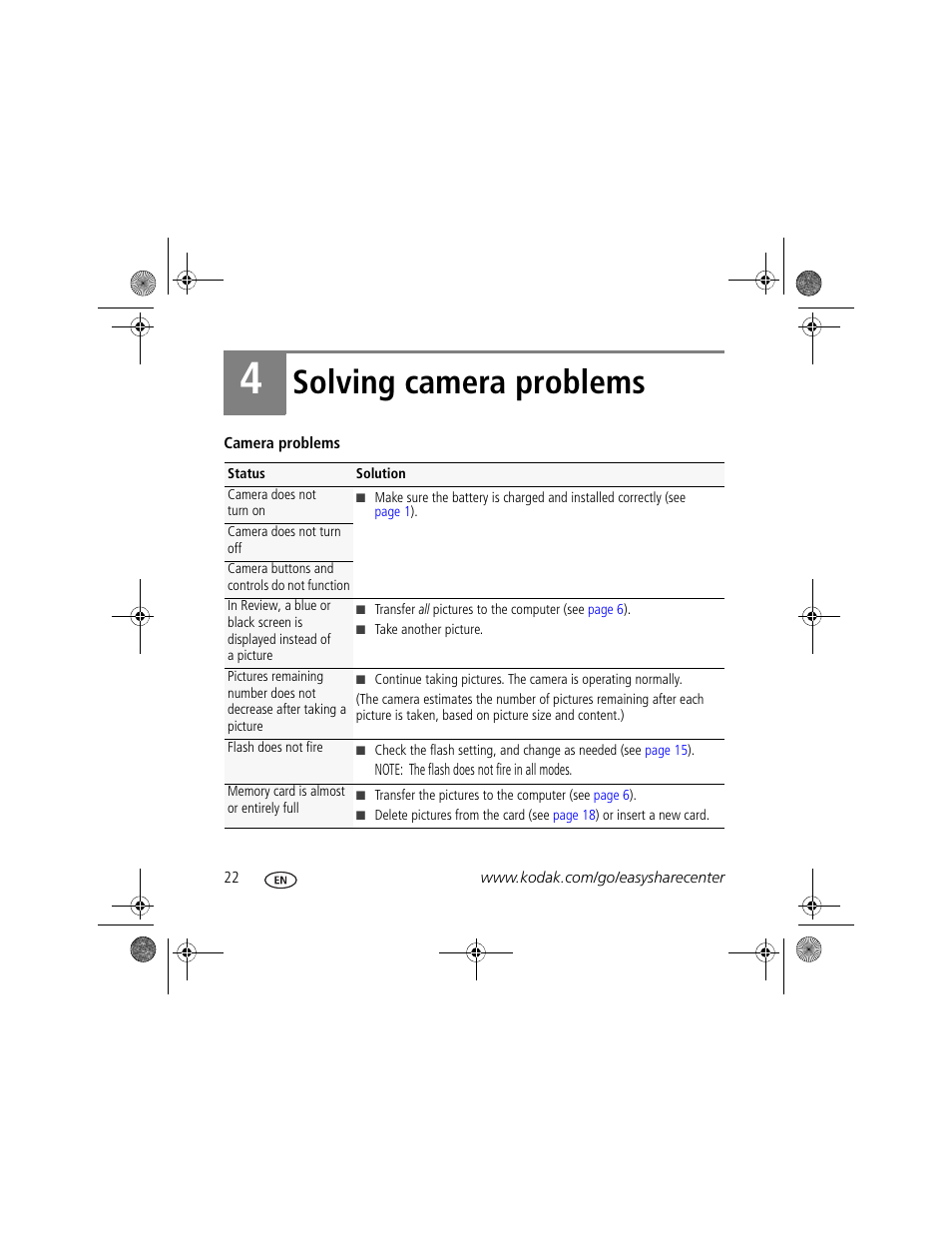 Solving camera problems | Kodak KLIC-7001 User Manual | Page 22 / 27