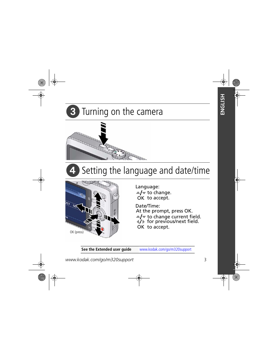 Turning on the camera, Setting the language and date/time | Kodak KLIC-7001 User Manual | Page 3 / 27