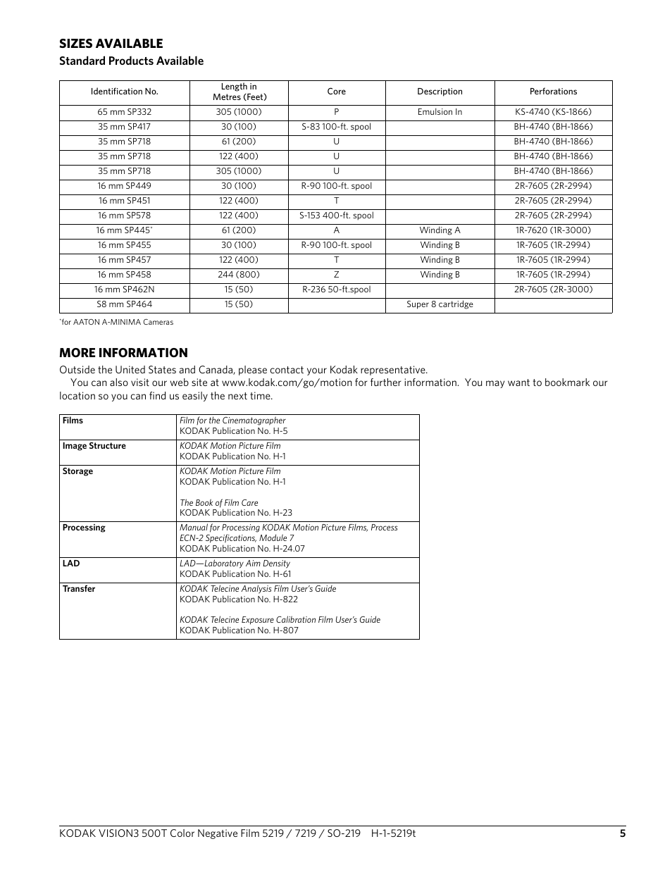 Sizes available, More information, Standard products available | Kodak 5219 User Manual | Page 5 / 6