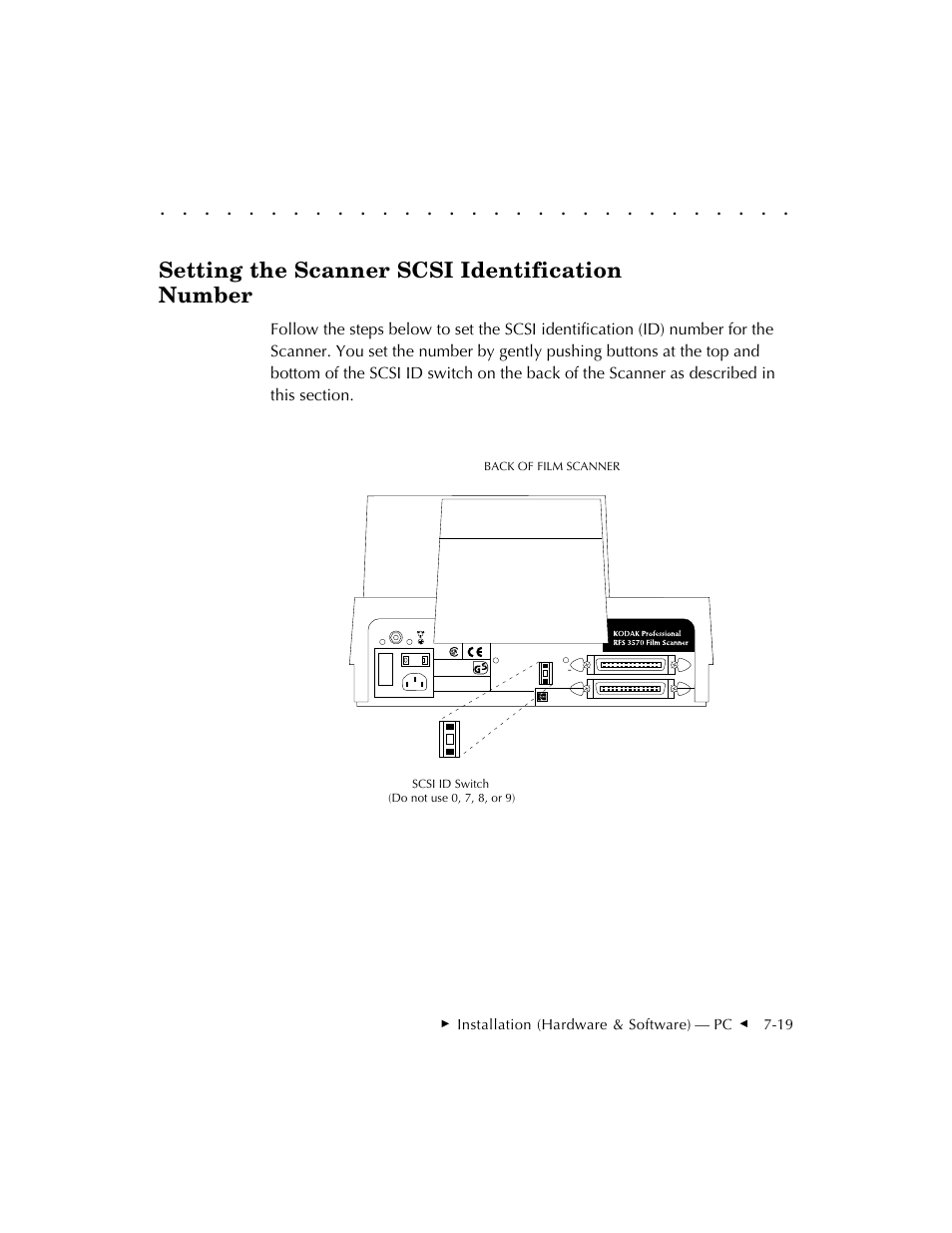 Setting the scanner scsi identification number, Installation (hardware & software) — pc g 7-19 | Kodak RFS 3570 User Manual | Page 109 / 220