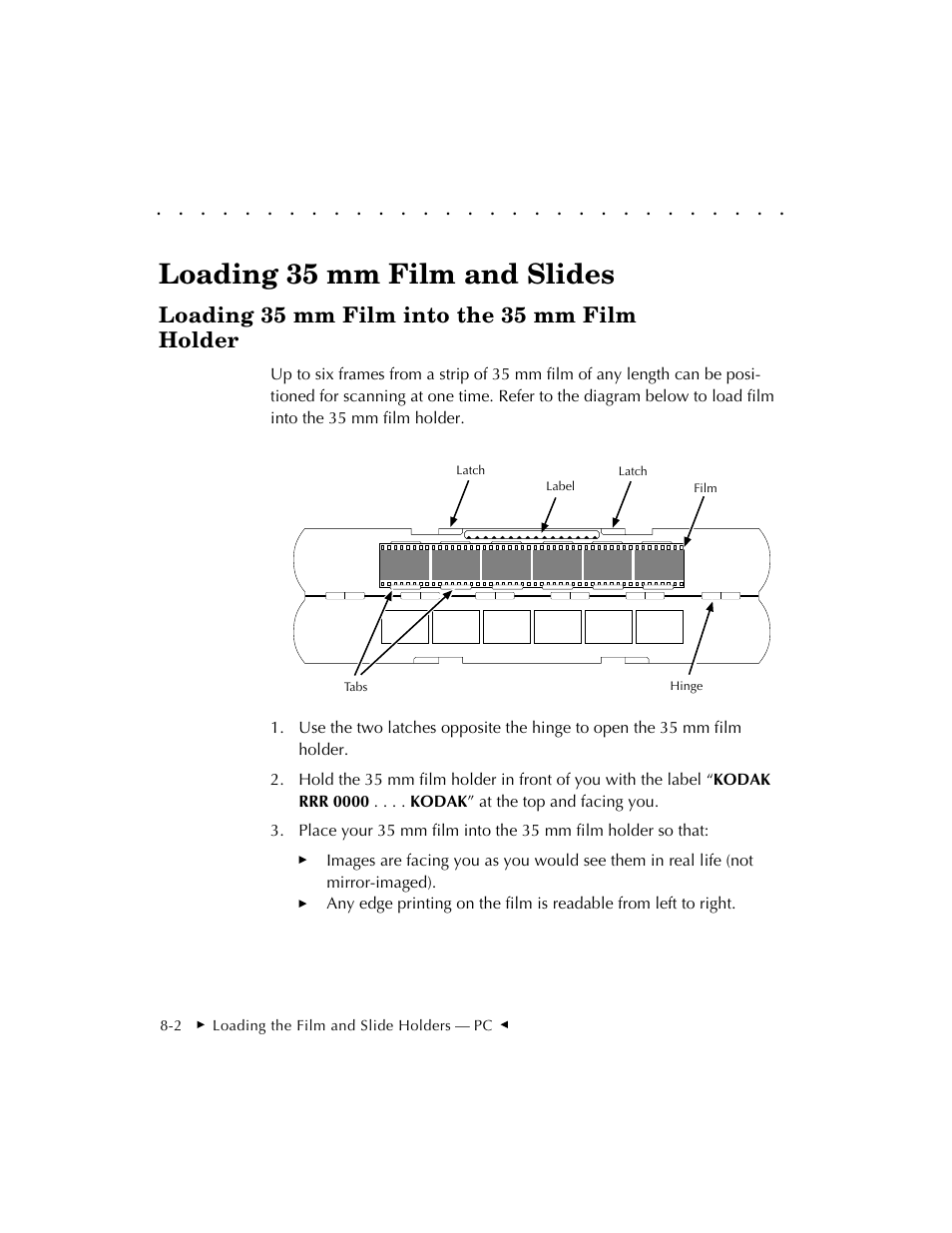 Loading 35 mm film and slides, Loading 35 mm film into the 35 mm film holder | Kodak RFS 3570 User Manual | Page 116 / 220