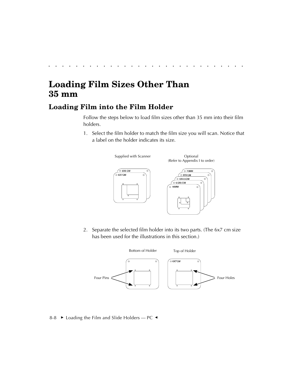 Loading film sizes other than 35 mm, Loading film into the film holder | Kodak RFS 3570 User Manual | Page 122 / 220