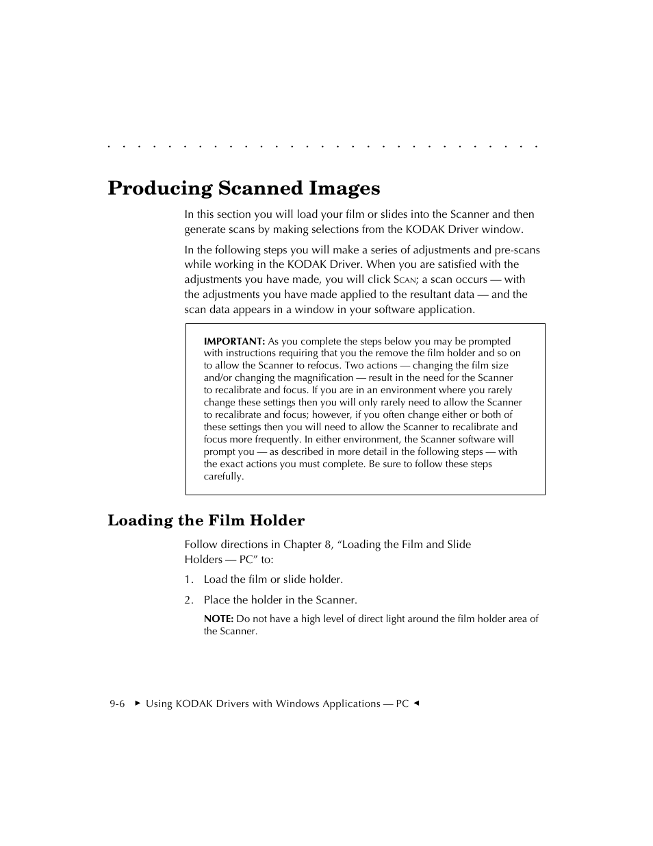 Producing scanned images, Loading the film holder | Kodak RFS 3570 User Manual | Page 132 / 220